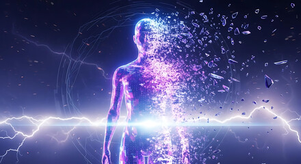 Human figure disintegrating into shards with lightning strikes in a dark blue and purple scene ai generated