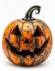 Festive Orange and Black Carved Pumpkin with Smiling Face on White Background