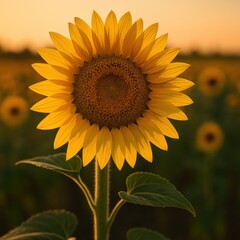 Obraz premium Sunflower blooming in field at golden hour sunset