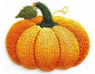 Embroidered Orange Pumpkin Decoration with Green Stem and Leaf on White Background