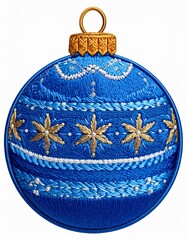 Detailed Blue Embroidered Christmas Ornament with Gold Accents Isolated on White