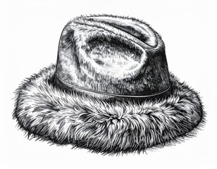 Monochrome Illustration of a Textured Fur Hat with Brim and Rounded Crown on a White Background