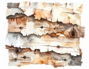Watercolor Painting of Birch Bark with Brown and Gray Tones on White Background