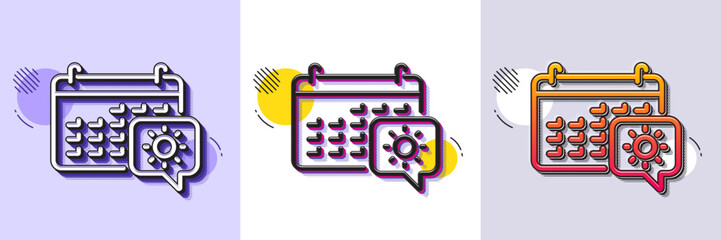 Travel calendar line icon. Halftone dotted pattern. Gradient icon with grain shadow. Trip planning sign. Holidays symbol. Line travel calendar icon. Various designs. Vector