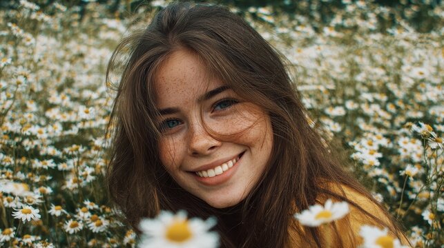beautiful young woman with brown hait smiling in chamomile field no logos no brands ar 169