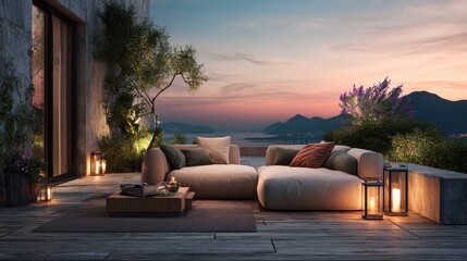 evening on a modern designed cozy terrace with sofa and coffee table no logos no brands ar 169