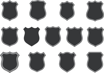 Shield badge silhouette collection, security icon set, police emblem design, protection symbol, defense illustration, guard shape, vintage heraldic, vector graphic