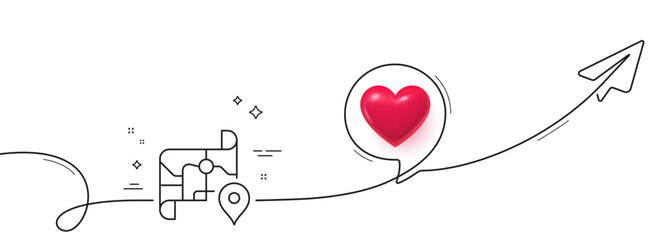 Map line icon. Continuous line with share plane. Road trip sign. Journey route distance symbol. 3d heart in speech bubble. Map single line ribbon. Loop curve pattern. Vector