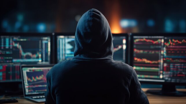 back view of hacker at desktop using computers with various forex screens on blurry office interior background cryptocurrency hacking bticoin trading and finance concept double exposure no logos no b - Powered by Adobe