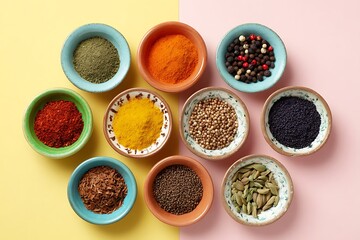 spices and herbs on white in bowls
