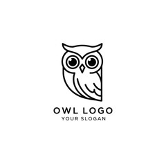 A minimalist line art illustration of an owl with large eyes, presented as a logo design on a white background.