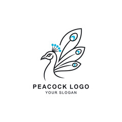 Elegant line art logo featuring a stylized peacock with fanned tail feathers and a decorative crown, suitable for branding.