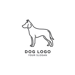 A minimalist line art illustration of a standing dog, presented as a logo with accompanying text for branding.