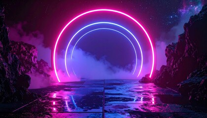A surreal landscape features glowing neon rings against a cosmic background with rocky formations and reflections