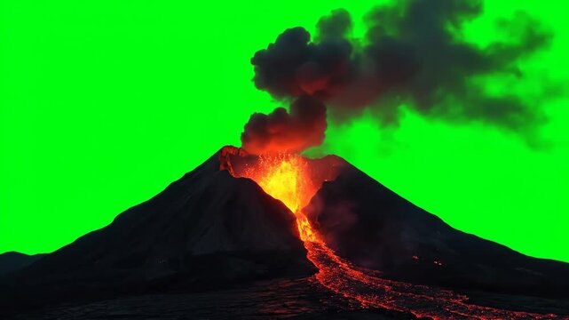 Erupting Volcano with Green Screen - A dramatic shot of a volcano erupting lava and smoke against a bright green screen background. The video is ideal for compositing into various projects.