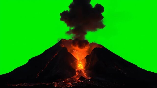 Erupting Volcano with Green Screen - A dramatic shot of a volcano erupting, showcasing flowing lava and a large plume of smoke against a bright green screen background, ideal for compositing.