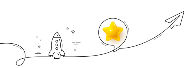 Rocket line icon. Continuous line with share plane. Spaceship transport sign. Aircraft symbol. 3d star in speech bubble. Rocket single line ribbon. Loop curve pattern. Vector