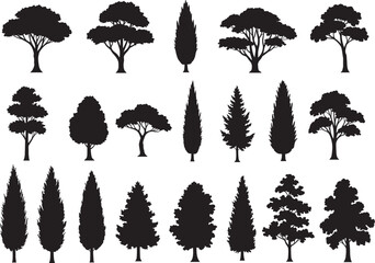 Tree silhouette collection, forest nature icons, different tree shapes, natural environment design, landscape elements, botanical vector illustration, ecology, greenery, garden