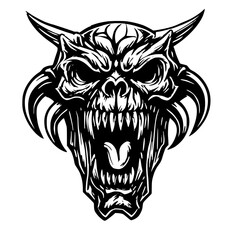 Intense horned demon head with sharp teeth and open mouth, perfect for Halloween designs, dark fantasy art, or edgy tattoo inspiration, originally vector art