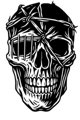 Striking skull illustration with barbed wire and prison bars for edgy designs, perfect for tattoos, posters, and alternative art projects, vector design