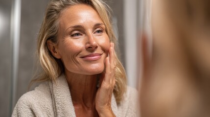 gorgeous mid age adult 50 years old blonde woman standing in bathroom after shower touching face looking at reflection in mirror smiling doing morning beauty routine older dry skin care concept no lo