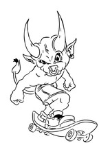 Bold cartoon minotaur shredding on a skateboard with attitude, a fun edgy design for stickers, apparel, and creative projects, vector illustration