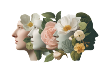 Abstract floral head sculptures with human profiles and blooming flowers, cut out