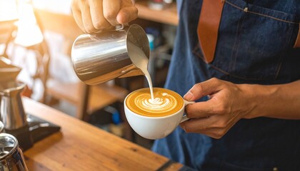 Barista Pouring Milk into Latte Art Coffee.