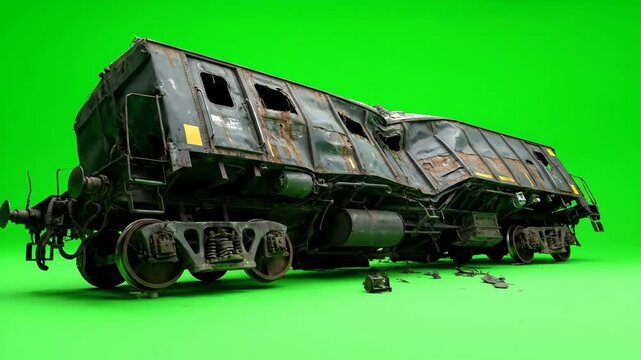 Wrecked Train on Green Screen - A severely damaged train car rests on a bright green chroma key background. The train shows significant damage, suitable for compositing into various scenes.