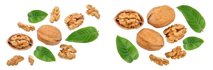 Walnuts with leaf isolated on white background. Top view. Flat lay