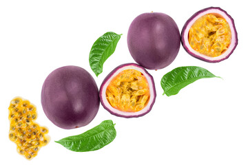 passion fruits and a half with leaves isolated on white background. Isolated maracuya. Top view. Flat lay