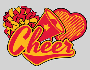 Cheerleader illustration, Red and Gold megaphone and pom-poms with Cheer Word. Kansas City Vector cheerleading illustration.