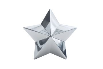 Shiny metallic star sculpture with reflective surface on black background, cut out
