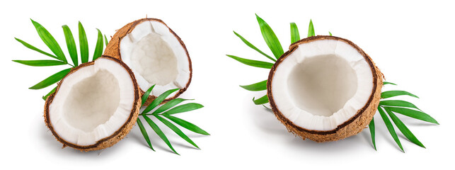 half of coconut with leaves isolated on white background