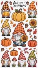 Whimsical fall illustration with gnomes, pumpkins, autumn leaves, and cozy mug — perfect for seasonal greeting cards, posters, and printable decor