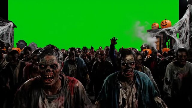 Zombie Horde Halloween Green Screen - A large crowd of zombies in Halloween costumes approaches the camera against a green screen background.