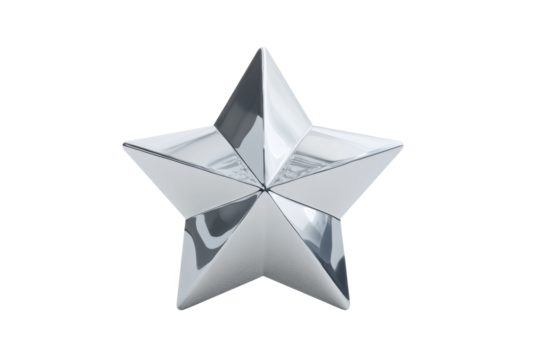 Shiny metallic star sculpture with reflective surface on black background, cut out