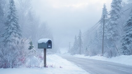 snowy road for christmas mailbox foggy landscape