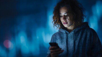 A young person in a grey hoodie looks intently at a smartphone screen at night illuminated by its glow with blurred blue city lights in the