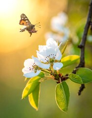 A butterfly near pear blossoms