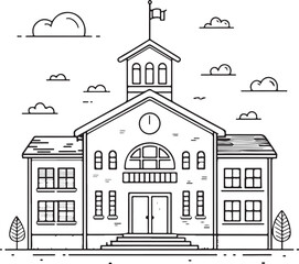 Fototapeta premium School building Hand-drawn Vector Illustration, Sketch Drawing Doodle Line Linear Symbol Icon Engraving Coloring Book, Black and White Isolated