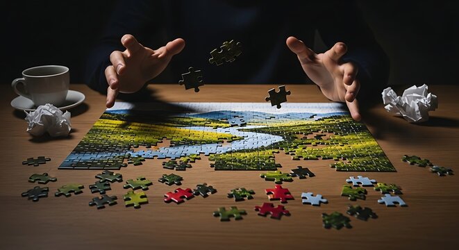 Hands playing with puzzle pieces midair over landscape - Powered by Adobe