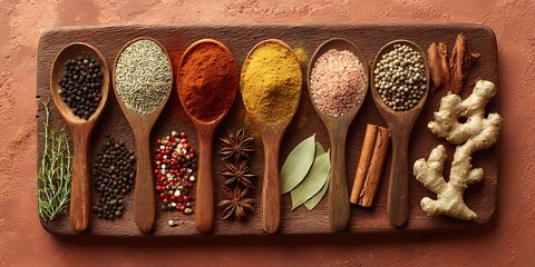 Flat lay of spices in wooden spoons on wooden background