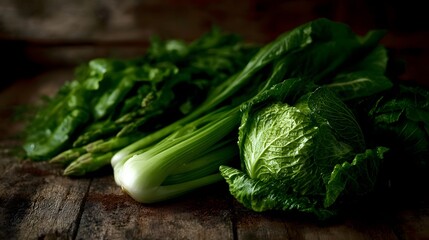 Fresh green vegetables like cabbage bok choy and asparagus are arranged on a rustic wooden table in natural daylight signifying healthy eating
