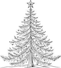 Christmas Tree Hand-drawn Vector Illustration, Sketch Drawing Doodle Line Linear Symbol Icon Engraving Coloring Book, Black and White Isolated