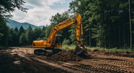 Large yellow excavator working on dirt road. Construction site with heavy machinery. Earthmoving equipment in the forest.