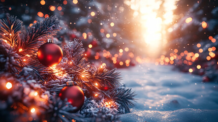 Festive Christmas tree branches are beautifully decorated with red ornaments and twinkling lights, creating a warm ambiance in a snowy winter landscape filled with soft bokeh effects
