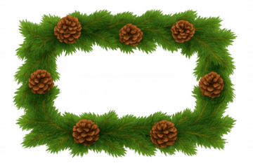 Christmas fir branch frame with pine cones, festive winter holiday border element transparent background