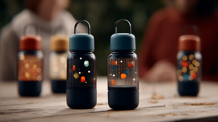 Colorful glowing water bottles with illuminated patterns on a wooden table outdoors