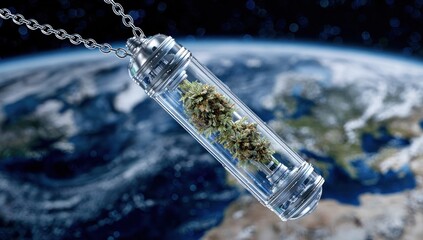 A futuristic, metallic container holds cannabis buds in zero gravity, suspended above Earth.